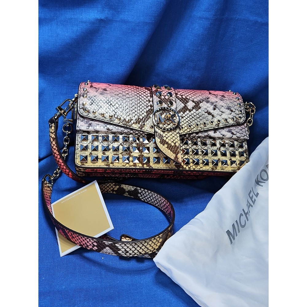 Michael Kors Greenwich Dahlia Studded Snakeskin Purse Ombre Convertible Leather - Picture 3 of 16